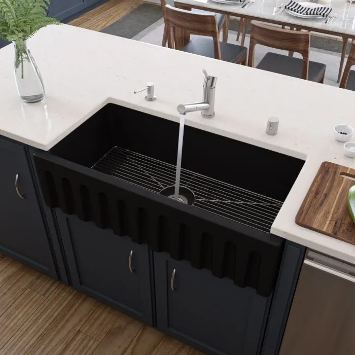 ALFI 36" Black Matte Reversible Smooth / Fluted Single Bowl Fireclay Farm Sink
