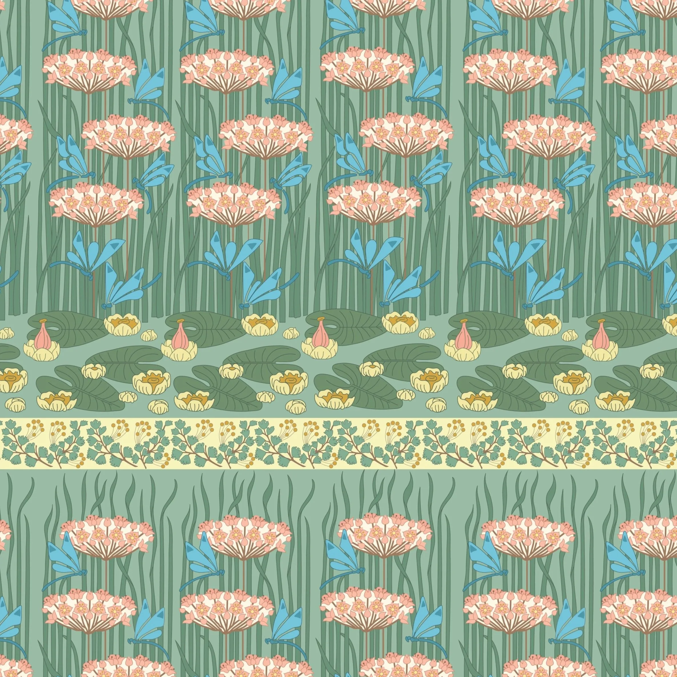 Art Nouveau V&A Organic Cotton Fabric, Dragonfly Pond