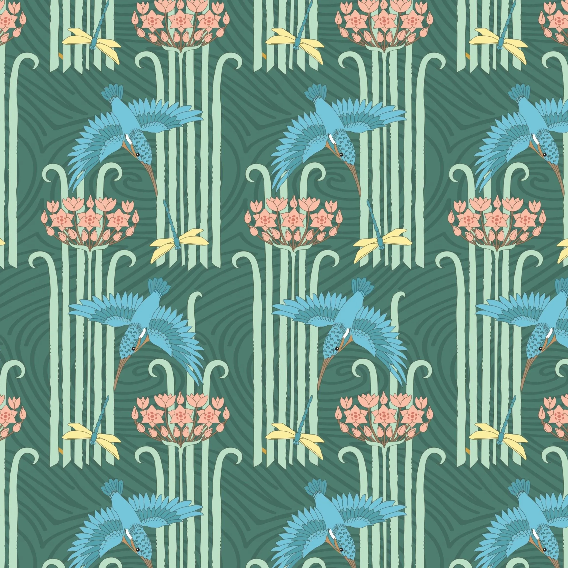Art Nouveau V&A Organic Cotton Fabric, Tranquil Flight