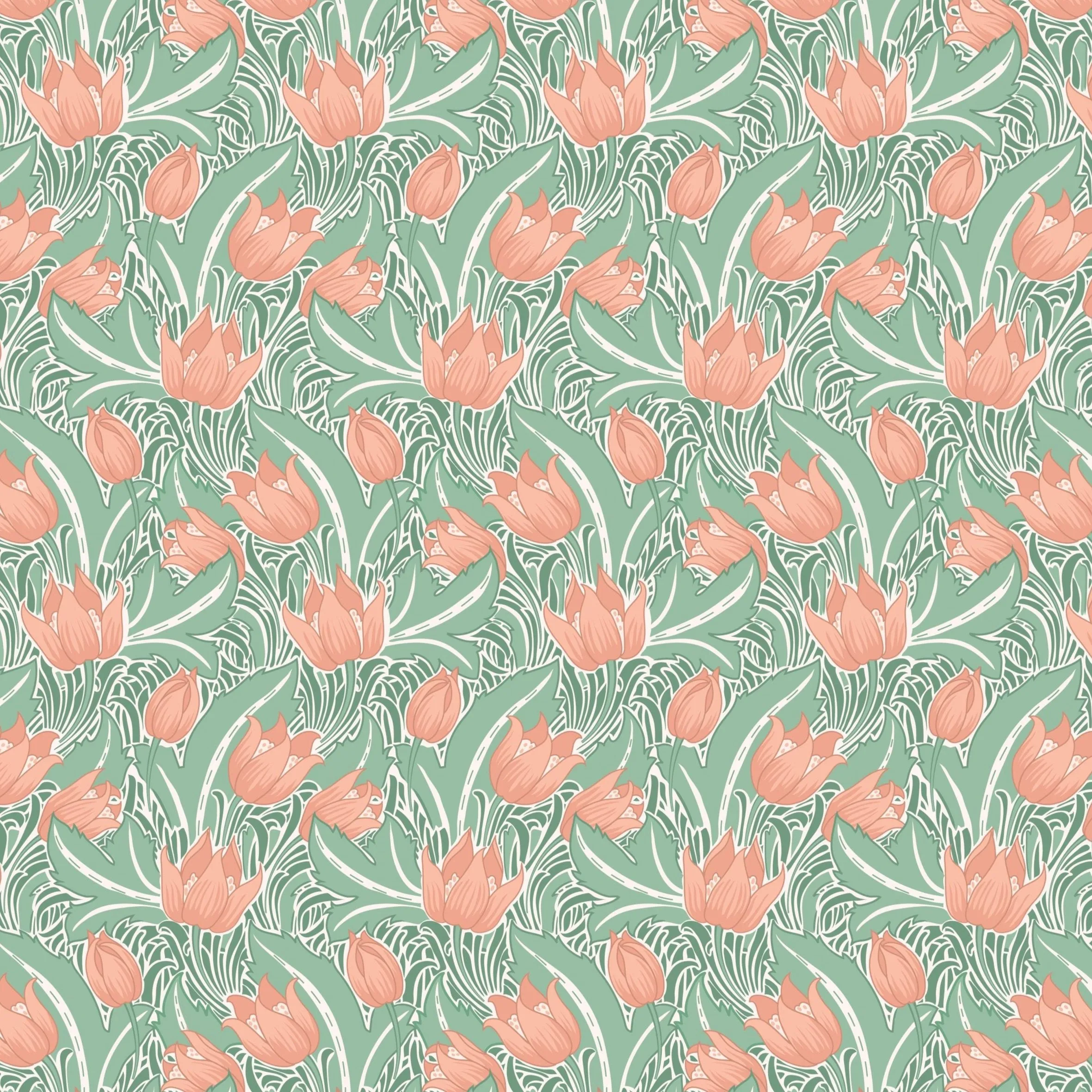 Art Nouveau V&A Organic Cotton Fabric, Twisting Tulip
