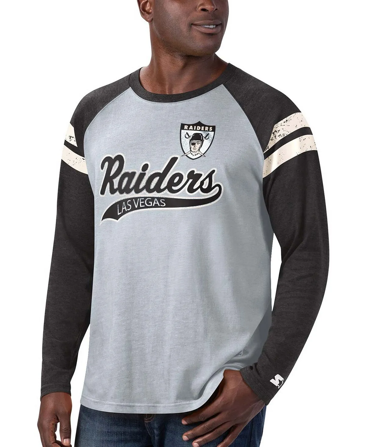 Men's silver and black las vegas raiders throwback league long sleeve raglan tri-blend Starter T-shirt , multi