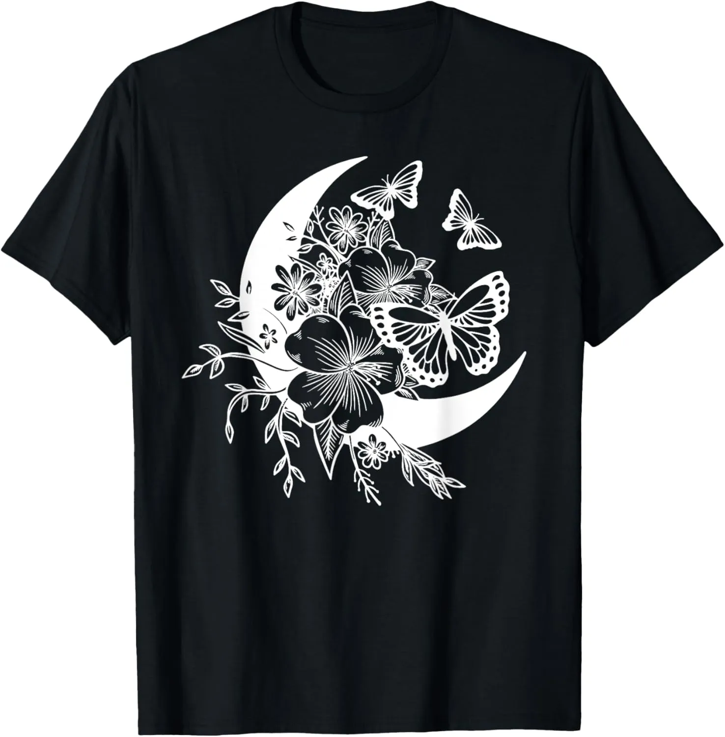 Moon Flowers and Butterflies Minimalist Boho Graphic T-Shirt