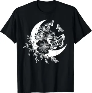 Moon Flowers and Butterflies Minimalist Boho Graphic T-Shirt