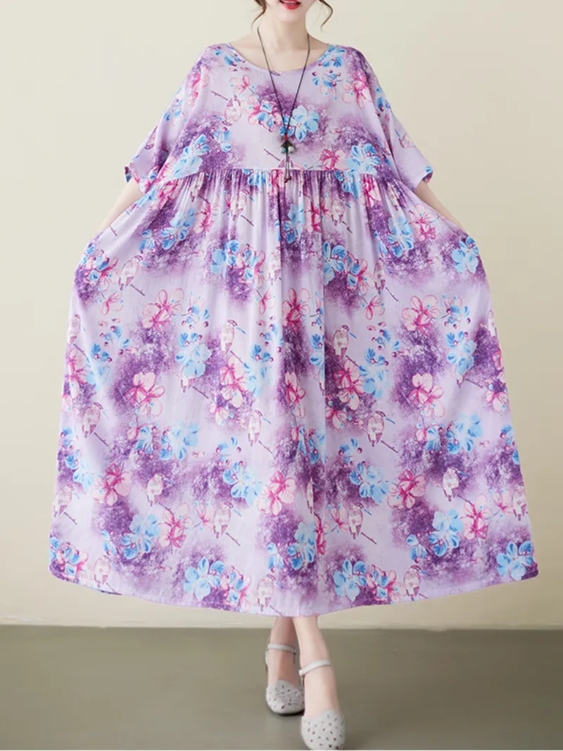 Mud Pie Women's Cotton Purple Floral Smock Dress