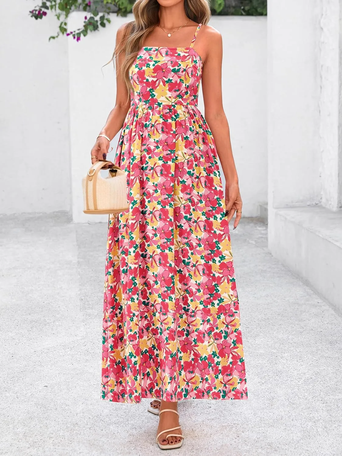 PRETTYGARDEN Summer Dresses for Women 2025 Beach Maxi Dress Spaghetti Strap Floral Boho A Line Wedding Guest Flowy Long Dress