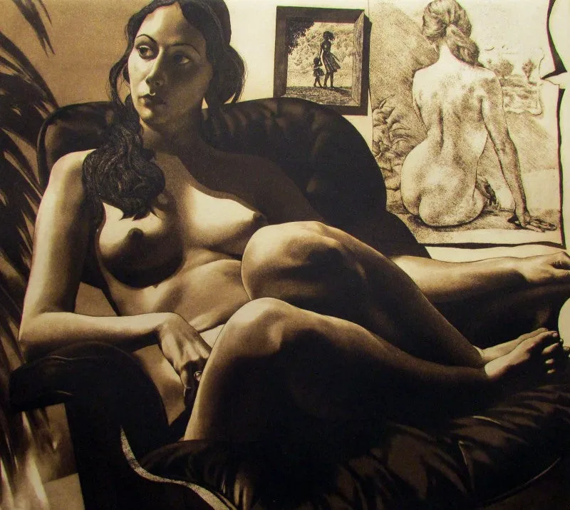 "Poses" by David Bumbeck - Figurative Female Nude Sepia Etching