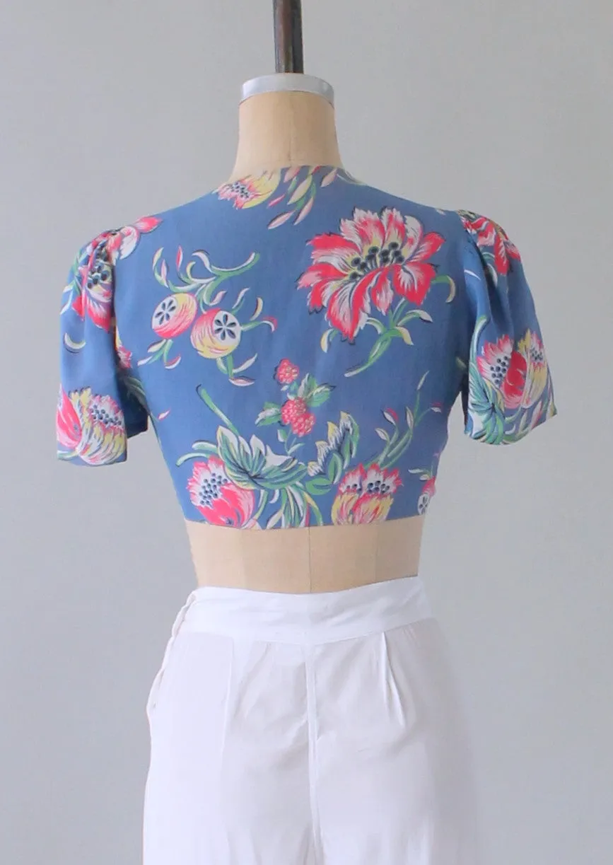 Vintage 1940s Floral Print Tie Front Top