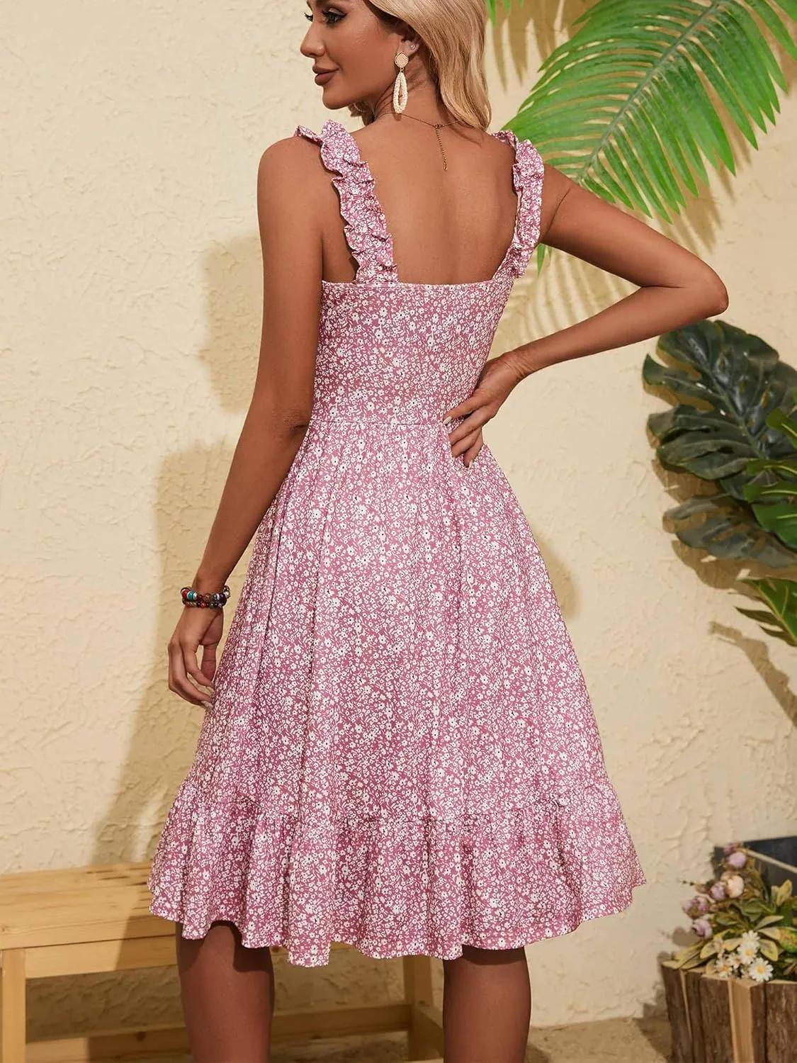 ZABERRY Womens Summer Midi Dress 2025 Elastic Straps Square Neck Cute Floral Flowy A-line Sundresses for Women