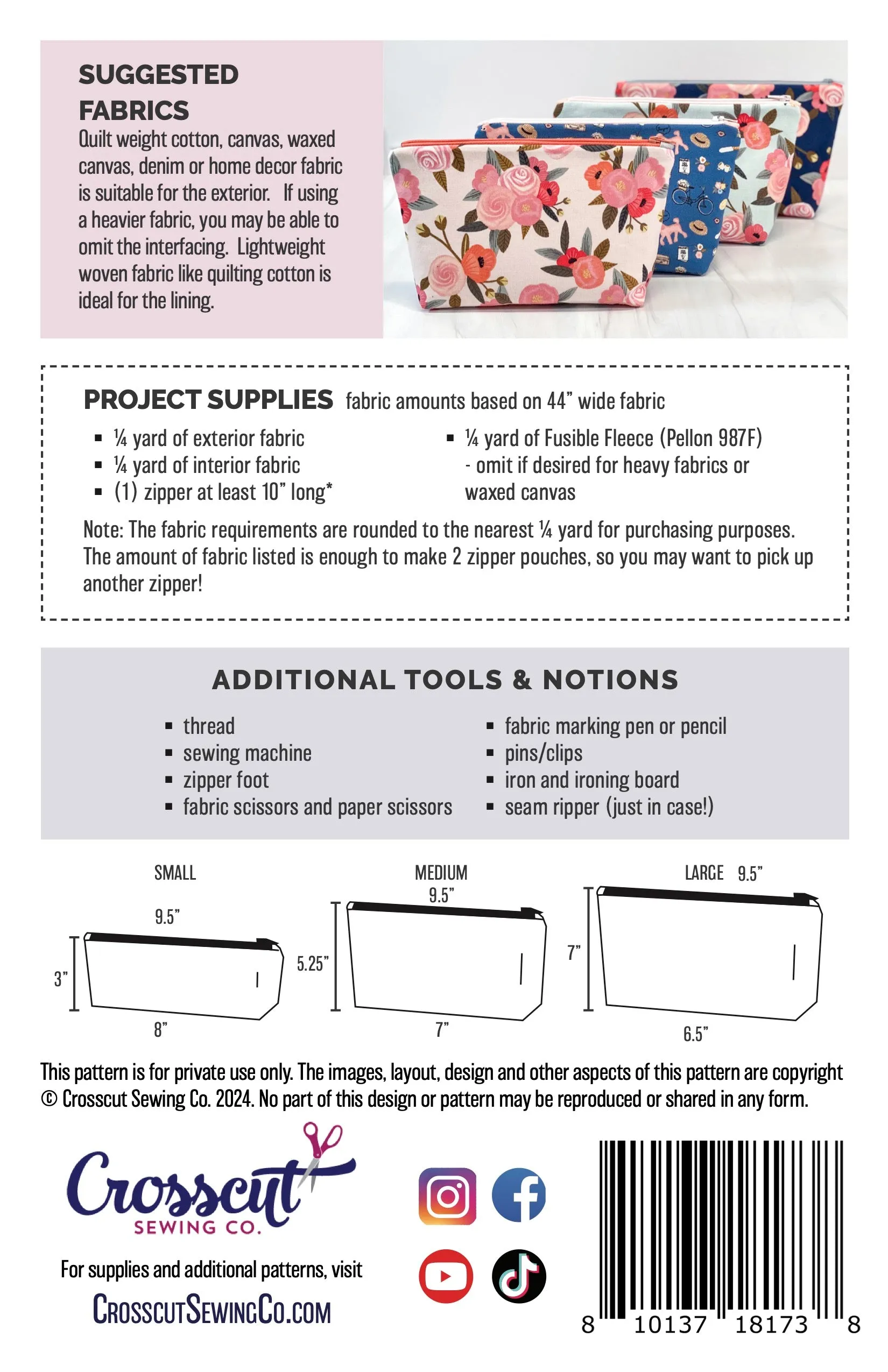 Zipper Pouches, 3 Sizes - Beginner Sewing Pattern & Video Tutorial